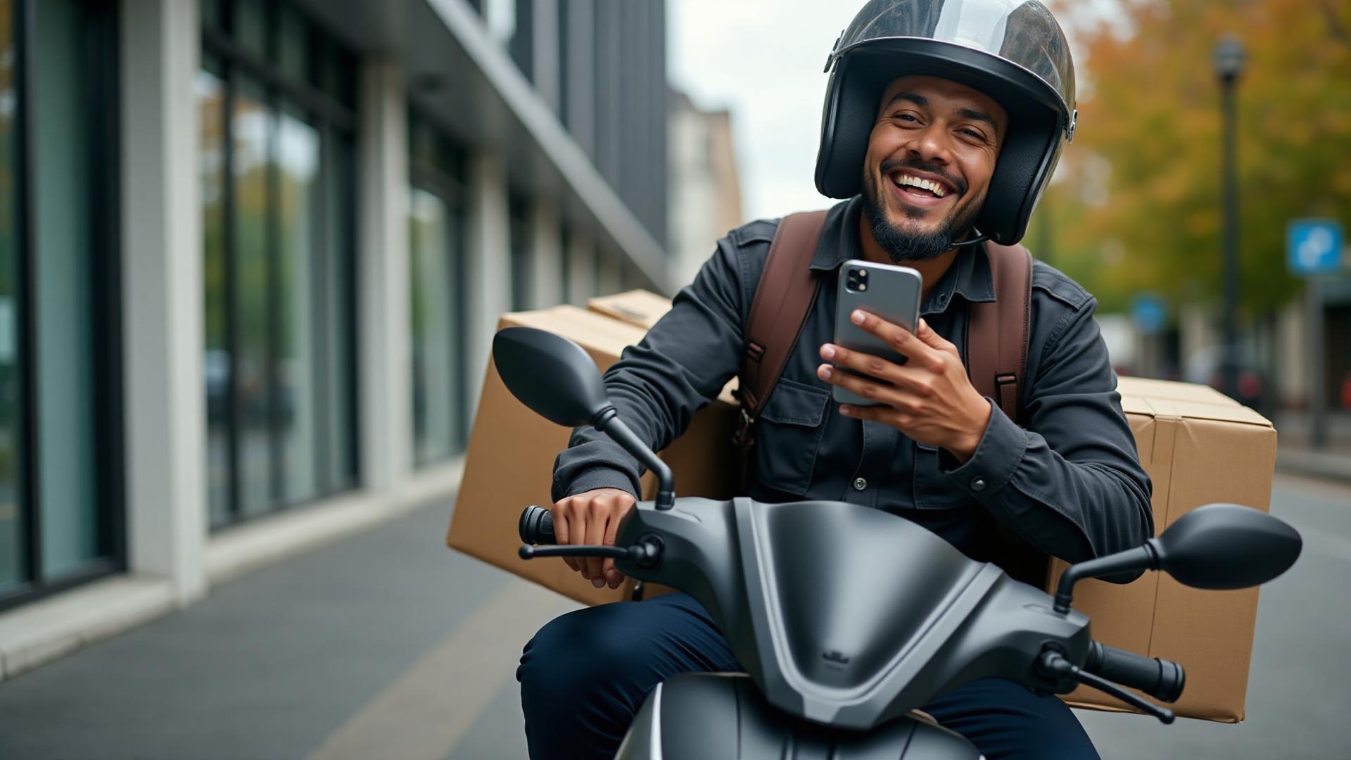 Profissional motoboy com celular e caixas