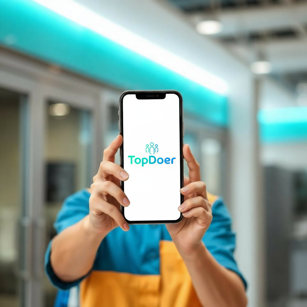Profissional usando smartphone com app TopDoer